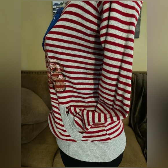 Gushy Red and White Striped Paris Hoodie with a Paris Girl in a Jeweled Beanie - Picture 4 of 6